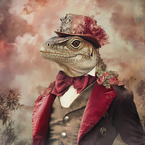 Lord Lizard with a top hat, a rose accessory, and a luxurious velvet-like suit w