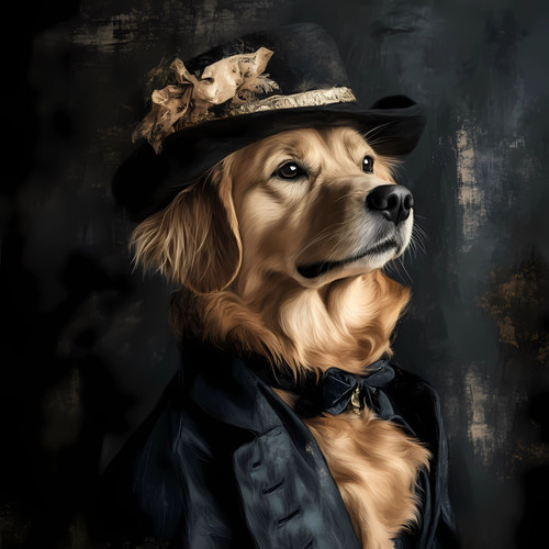 golden Retriever in a formal black outfit, complete with a top hat adorned with
