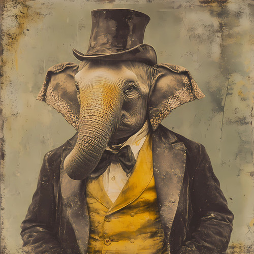 Gentelman Elephant in a attire, including a dark-colored top hat and a Victorian Gentelman Elephant in a attire, including a dark-colored top hat and a Victorian