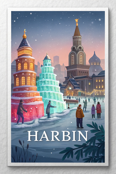 Harbin China Winter Wonderland Travel Poster - Ice Festival Art Print Poster Can