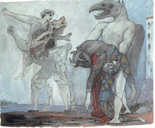 Pablo Picasso - The corps of the Minotaur in Harlequin costume 1936 Poster Canva