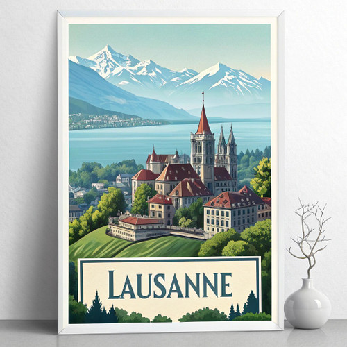 Charming Lausanne Switzerland Travel Poster - Vintage Lake Geneva Art Print Post