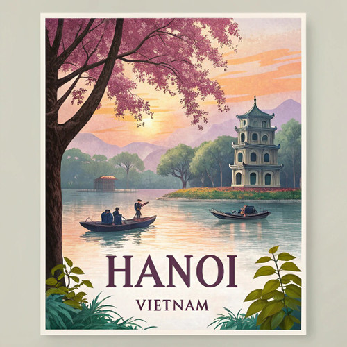 Exotic Getaway - Hanoi Vietnam Travel Poster, Traditional Boat Art Print Poster