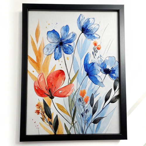 Blue and Red Floral Elegance Print Contemporary Watercolour Flower Art Print (3)