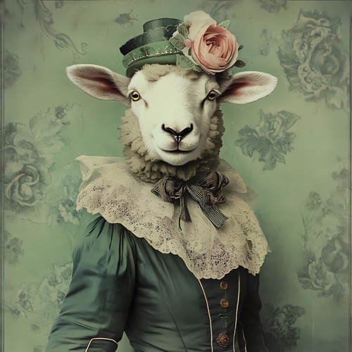 Ladsy Sheep in a green blouse with a lace-like bodice, a decorative bow, a decor