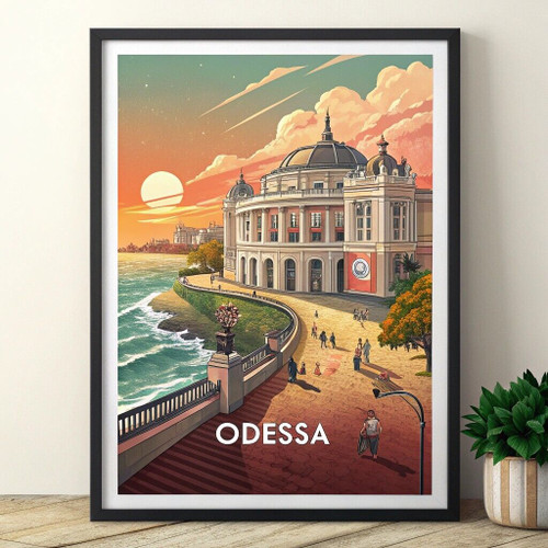 Captivating Odessa Ukraine Travel Poster - Black Sea and Opera House Art Print P
