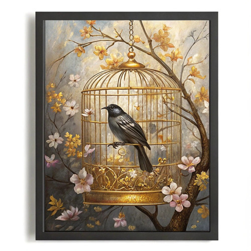 Black Bird Wall Art Vintage Gold Birdcage Artwork Shabby Chic Home Decor Prints
