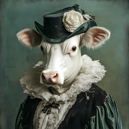 Lady Cow in a Victorian-inspired outfit, complete with a black top hat adorned w