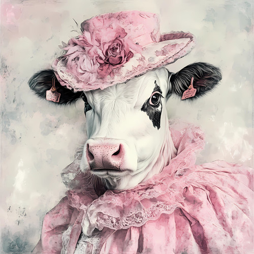 Lady Cow in a pink outfit with a matching hat adorned with a rose-like accessor