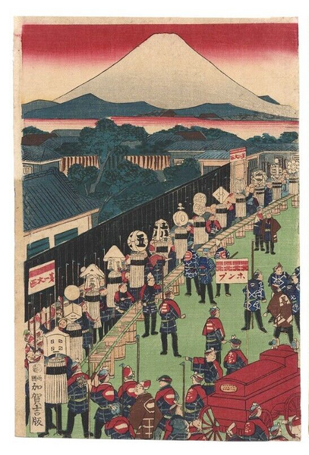 Japanese Woodblock Print Kunimasa Firefighters in Toky Original Woodcut Triptych