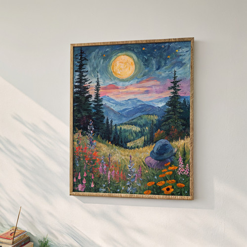 Moon above the wildflowers and woodland art print - full moon above nature oil p