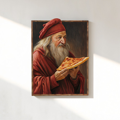 Portrait of man with pizza slice inspired by Leonardo da Vinci art print - Funny