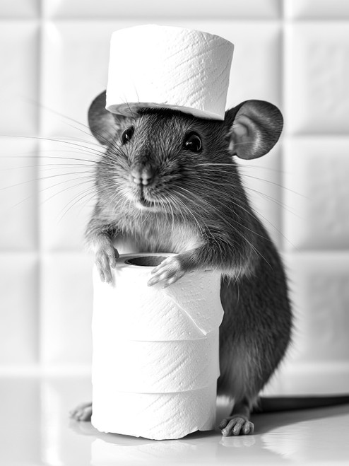 Mouse with Toilet Paper on Head-1-3by4 Poster Canvas Funny Annimals Pritnt A0 A1