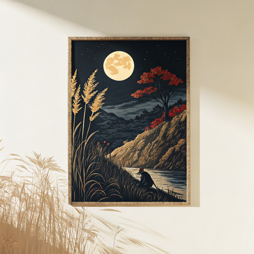 Moon and pampas grass vintage block print style art print - Mystical celestial c