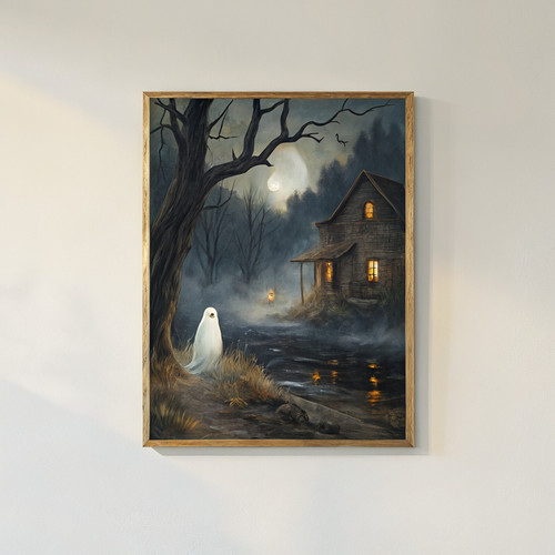 Ghost in forest art print - Nostalgia dark academia spooky cottagecore Halloween