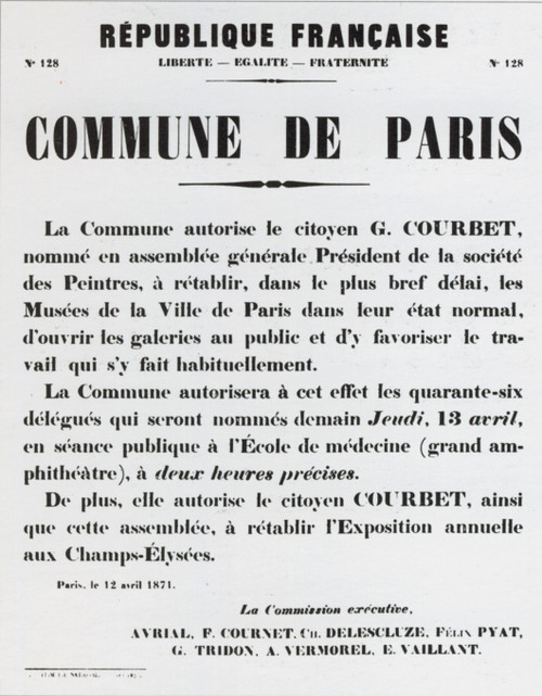 1871 Affiche de la Commune de Paris annonçant la nomination de G. Courbet Prési