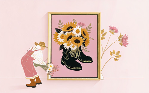Sunflower Boot Pink Bunch Sunflowers Daisy Flowers Art Print - Unframed A6 A5 A4