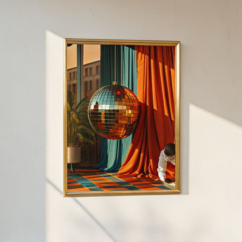 1970s style interior disco ball and plant art print - Disco ball mirrorball 70s