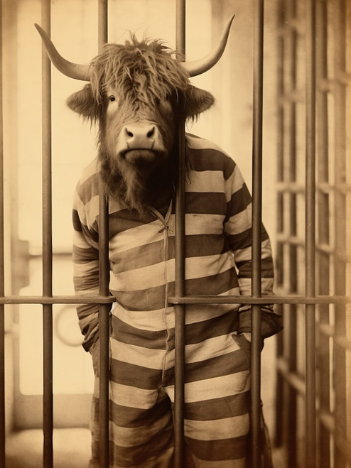 Highland Cow in Prison-7--3by4 Poster Canvas Funny Annimals Pritnt A0 A1 A2 A3 A