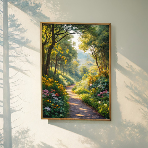 Path through the springtime woodland art print - enchanting scenery oil painting