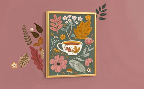Cosy Autumn Tea Leaves Flower Fall Botanical Colourful Wall Art Print - Unframed