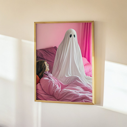 Ghost in a cosy bed art print - bright pink playful ghost print cosy relaxing gh