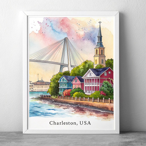 Charming Charleston USA Travel Poster - Historic Southern Landmarks Art Print Po