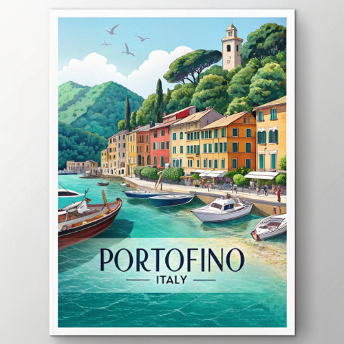 Invigorating Portofino Italy Travel Poster - Colorful Harbor Scene Art Print Pos Invigorating Portofino Italy Travel Poster - Colorful Harbor Scene Art Print Pos