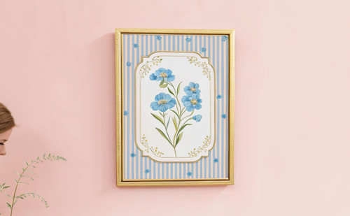 Myosotis Flower on Vintage Pressed Floral Stripe Art Print - Unframed A6 A5 A4 A