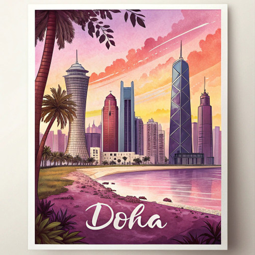 Doha Qatar Skyline Travel Poster - Modern Arabic Architecture Art Print Poster C