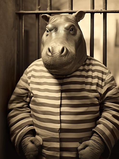 Hippo in Prison-1--3by4 Poster Canvas Funny Annimals Pritnt A0 A1 A2 A3 A4 A5 A6