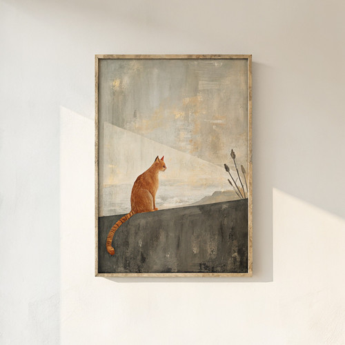 Minimalist abstract cat art print - Solitary cat on wall cat sitting on wall cat