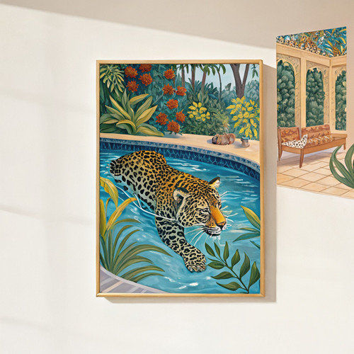 Leopard swimming in pool eclectic art print - maximalist leopard decor moroccan