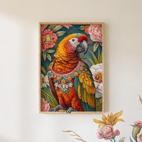 Maximalist eclectic fashionista parrot art print - Bold animal portrait altered