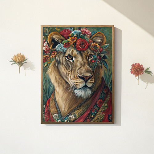 Maximalist eclectic lioness with flowers art print - Bold luxury animal portrait