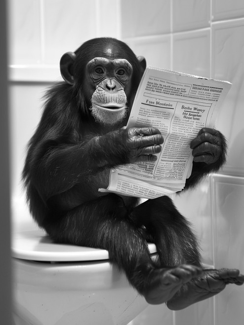 Monkey on Toilet-BlackAndWhite-3by4 Poster Canvas Funny Annimals Pritnt A0 A1 A2