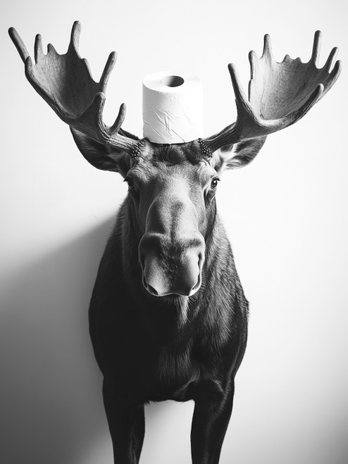 Moose with Toilet Paper on Head-1-3by4 Poster Canvas Funny Annimals Pritnt A0 A1