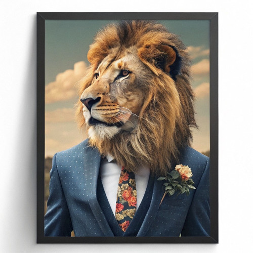 Vintage Lion In A Suit Print Animal Wall Art Framed Picture Lion Artwork Gift (1