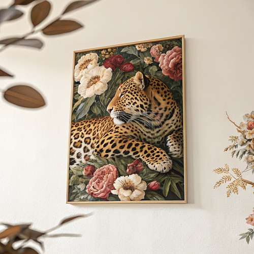 Leopard lying amongst the flowers art print - beautiful maximalist leopard with