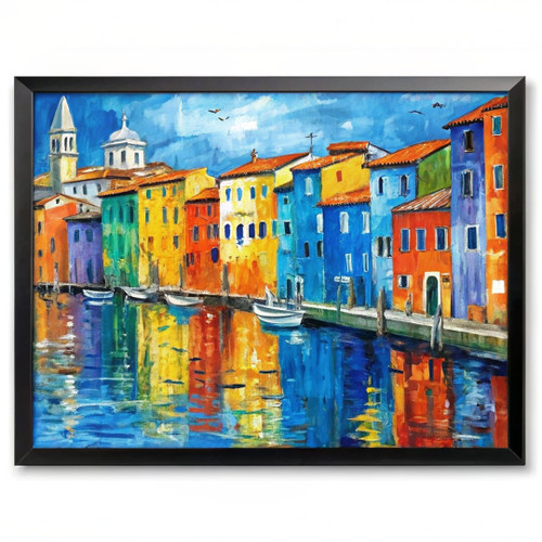 Town By The Water Wall Art Oil Style Landscape Oil Town Art Print Gift Picture (