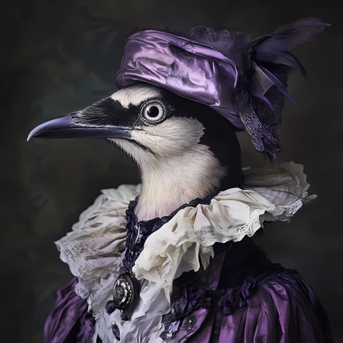 Lady bird with a close-fitting, purple, shiny hat with decorative feathers, and