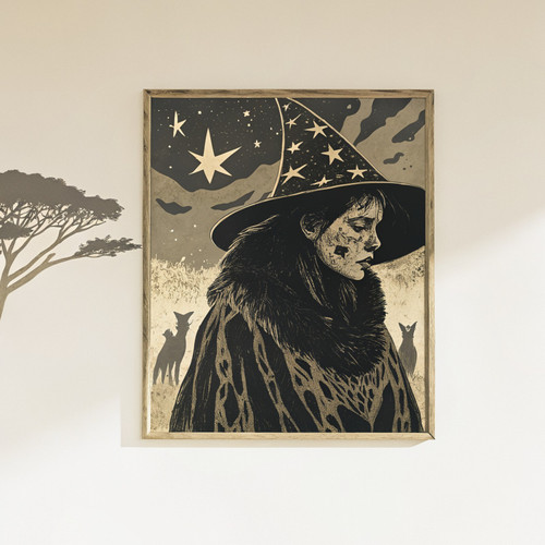 Vintage witch under the stars art print - Block print vintage sepia mystical mag