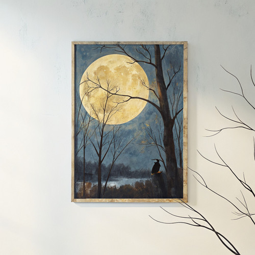 Vintage full moon through the trees art print - peaceful night time moon aesthet