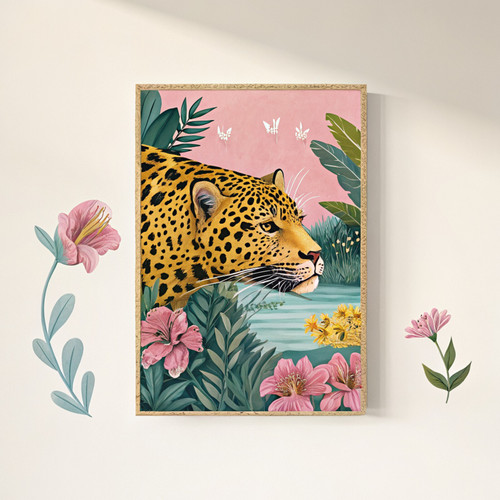 Tropical leopard swimming wall art print - bold colour leopard poster fun altere