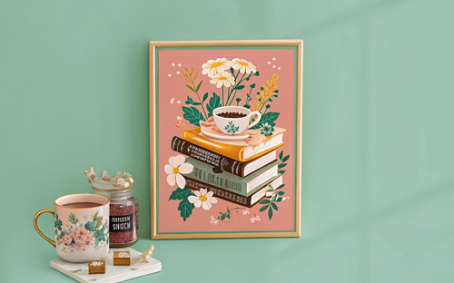 Cosy Evenings Autumn Books Tea Candle Art Print - Unframed A6 A5 A4 A3 A2 A1 - R