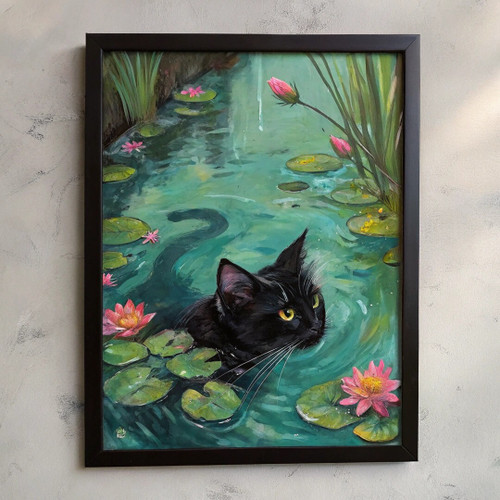 Black Cat Swimming In Lily Pond Wall Art Poster Print Cat Picture Cat Gift Idea