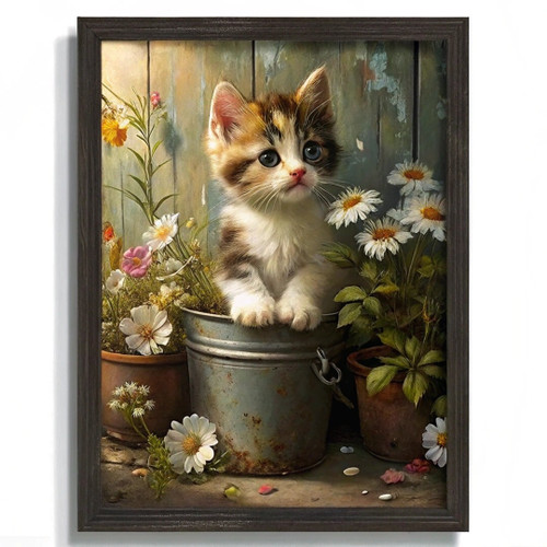 Charming Kitten in Flower Pot Art Print - Floral Feline Wall Decor Cute Cat Gift