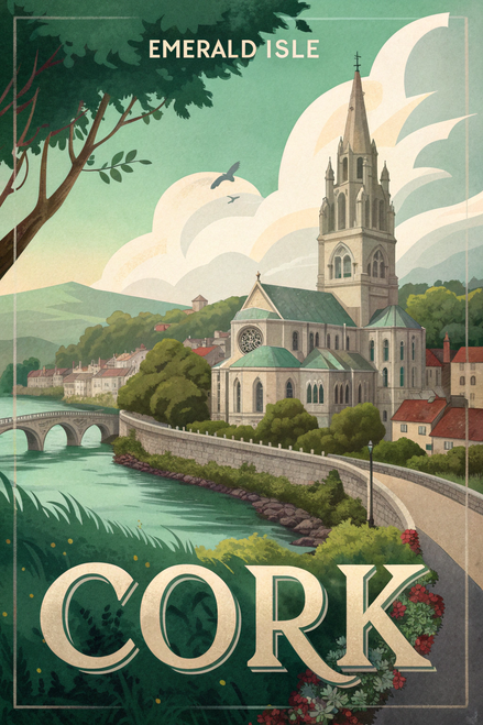 Captivating Cork Ireland Travel Poster - Vintage Style Landmark Art Print Poster