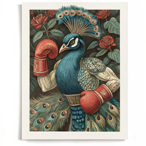 Regal Peacock Boxer Quirky Animal Wall Art Print Peacock Boxing Poster Art Print
