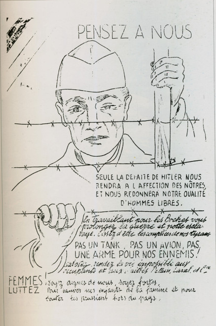 1944 Affichette ronéotée illustrée de la Résistance, Pensezà nous, Post Poster